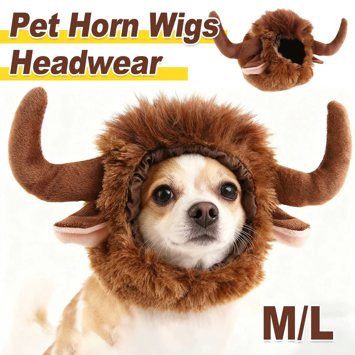 Pet Horn Wigs Headwear Adjustable for Dogs Cats Soft Comfortable Decoration - L
