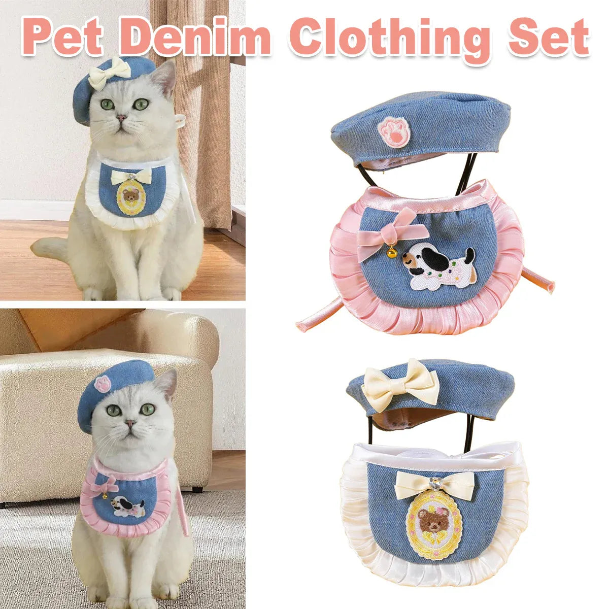 Pet Clothes Set Lace Bib with Hat Soft Cotton for Dogs Cats Wear Decoration - Pink