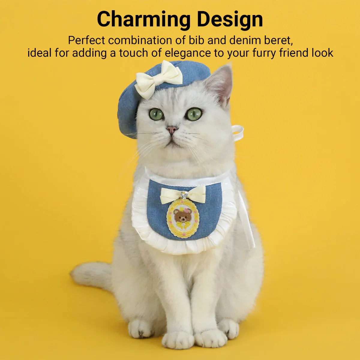 Pet Clothes Set Lace Bib with Hat Soft Cotton for Dogs Cats Wear Decoration - White