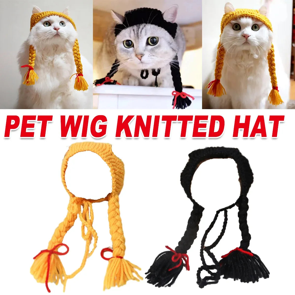 Cat Headwear Handmade Braid Hat Cat Wig Hat Cat Hair Accessory Pet Decoration - Yellow