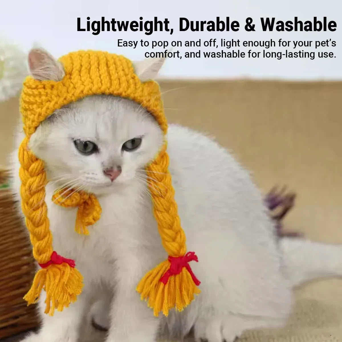 Cat Headwear Handmade Braid Hat Cat Wig Hat Cat Hair Accessory Pet Decoration - Yellow