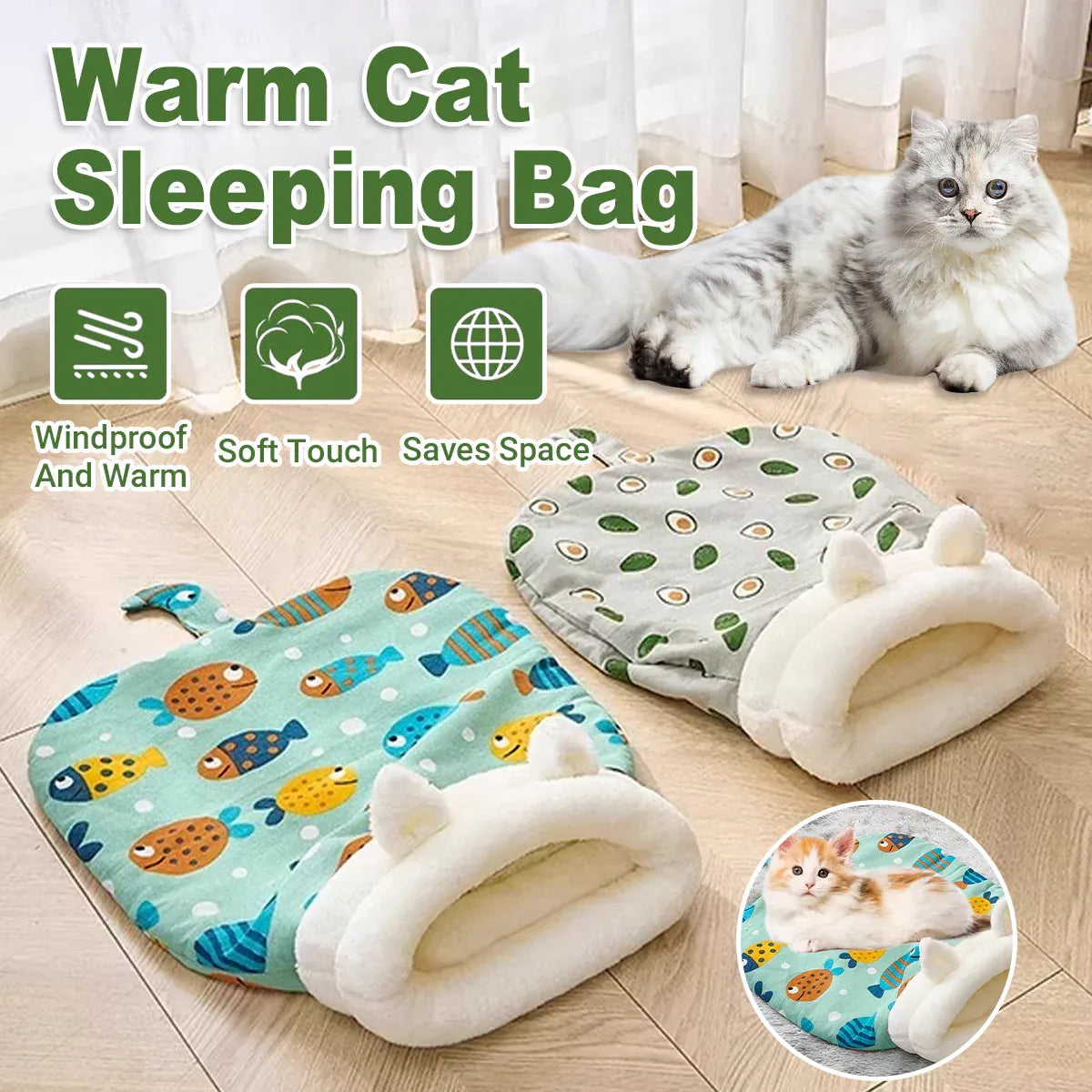 Semi Enclosed Warm Cat Sleeping Bag Comfortable Soft Fleece Pet Bed Easy Clean - Avocado