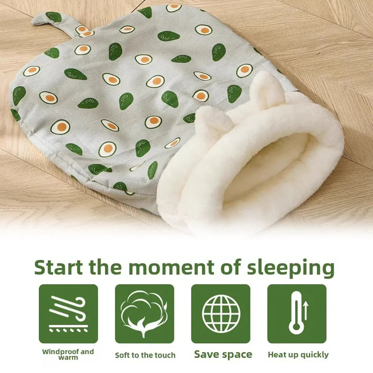 Semi Enclosed Warm Cat Sleeping Bag Comfortable Soft Fleece Pet Bed Easy Clean - Avocado