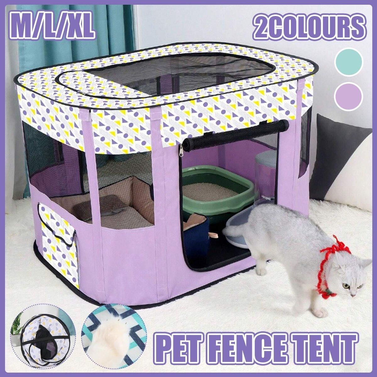 Foldable Cat Dog Kennel Pet Delivery Cage Portable Pet Fence Tent - Cyan-L