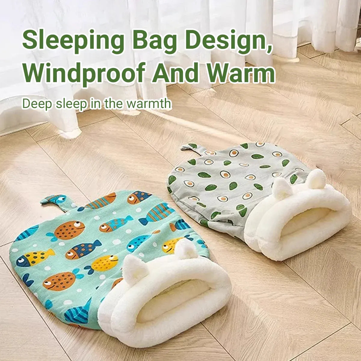 Semi Enclosed Warm Cat Sleeping Bag Comfortable Soft Fleece Pet Bed Easy Clean - Fish