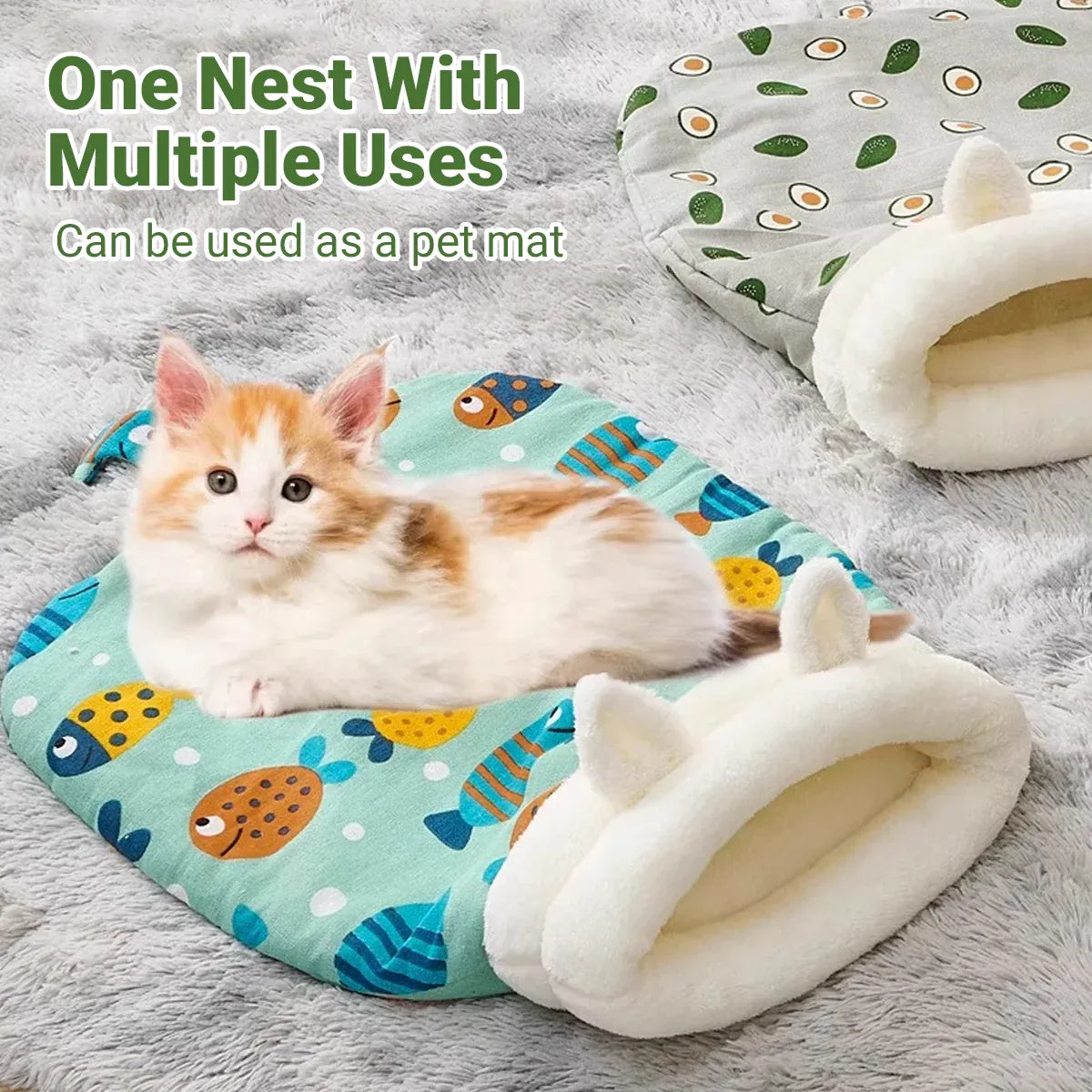 Semi Enclosed Warm Cat Sleeping Bag Comfortable Soft Fleece Pet Bed Easy Clean - Fish