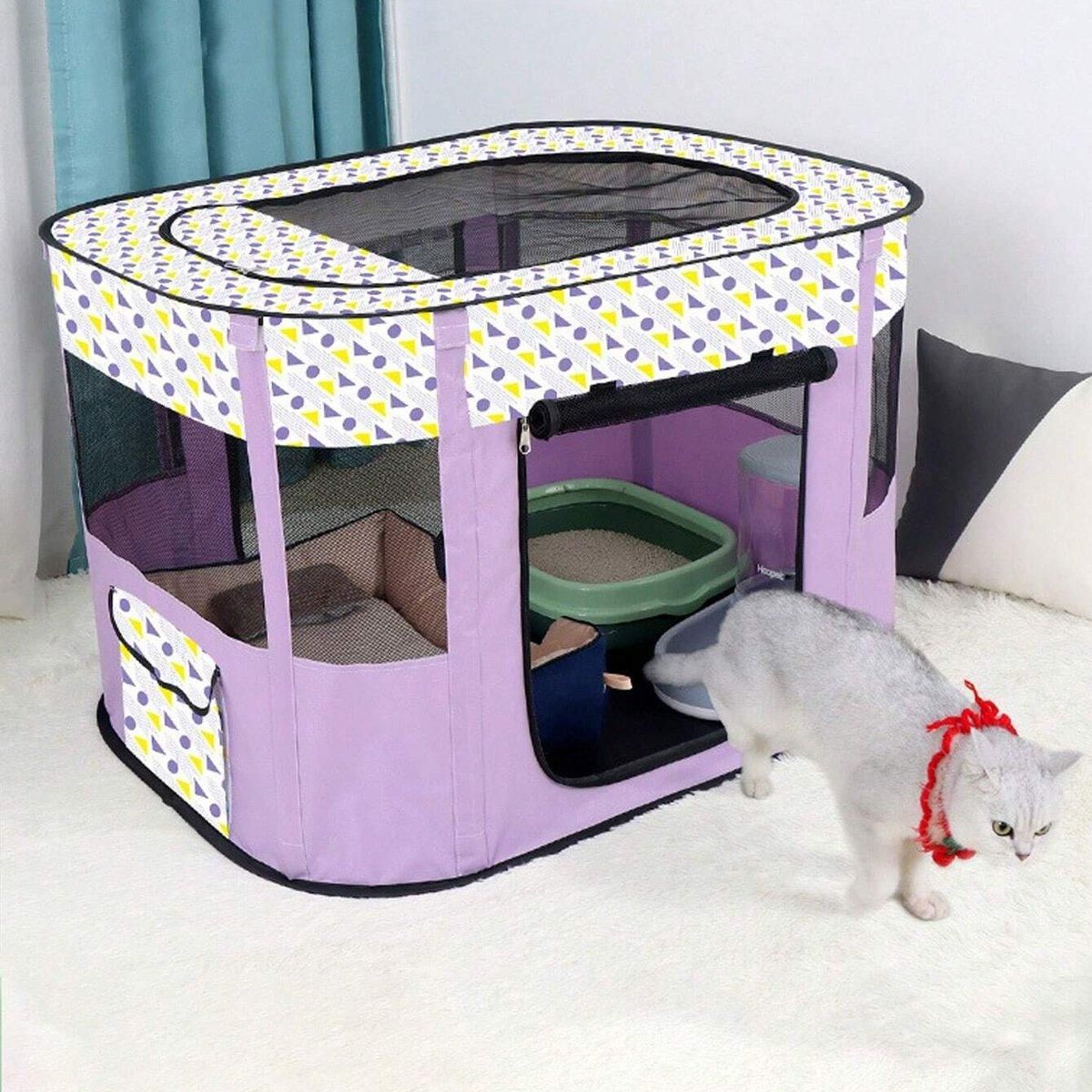 Foldable Cat Dog Kennel Pet Delivery Cage Portable Pet Fence Tent - Purple-XL