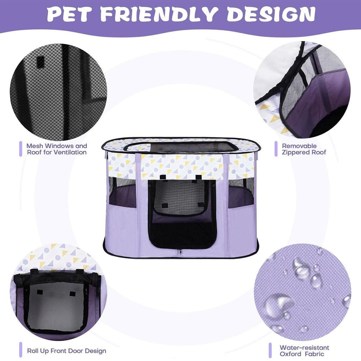 Foldable Cat Dog Kennel Pet Delivery Cage Portable Pet Fence Tent - Purple-XL