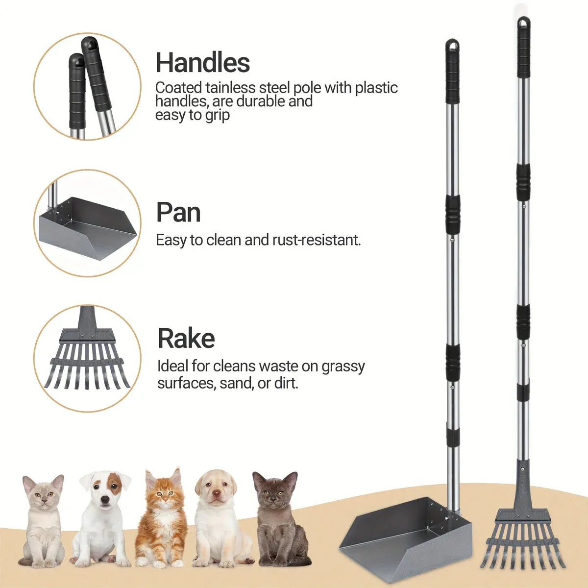 Pet Waste Removal Tool Set Stainless Steel Scooper Rake Shovel Dustpan Outdoors
