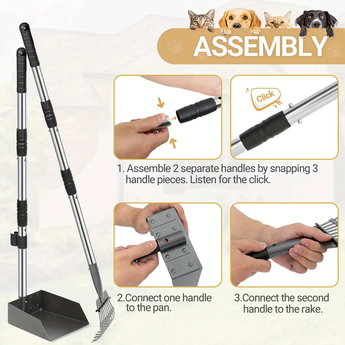 Pet Waste Removal Tool Set Stainless Steel Scooper Rake Shovel Dustpan Outdoors