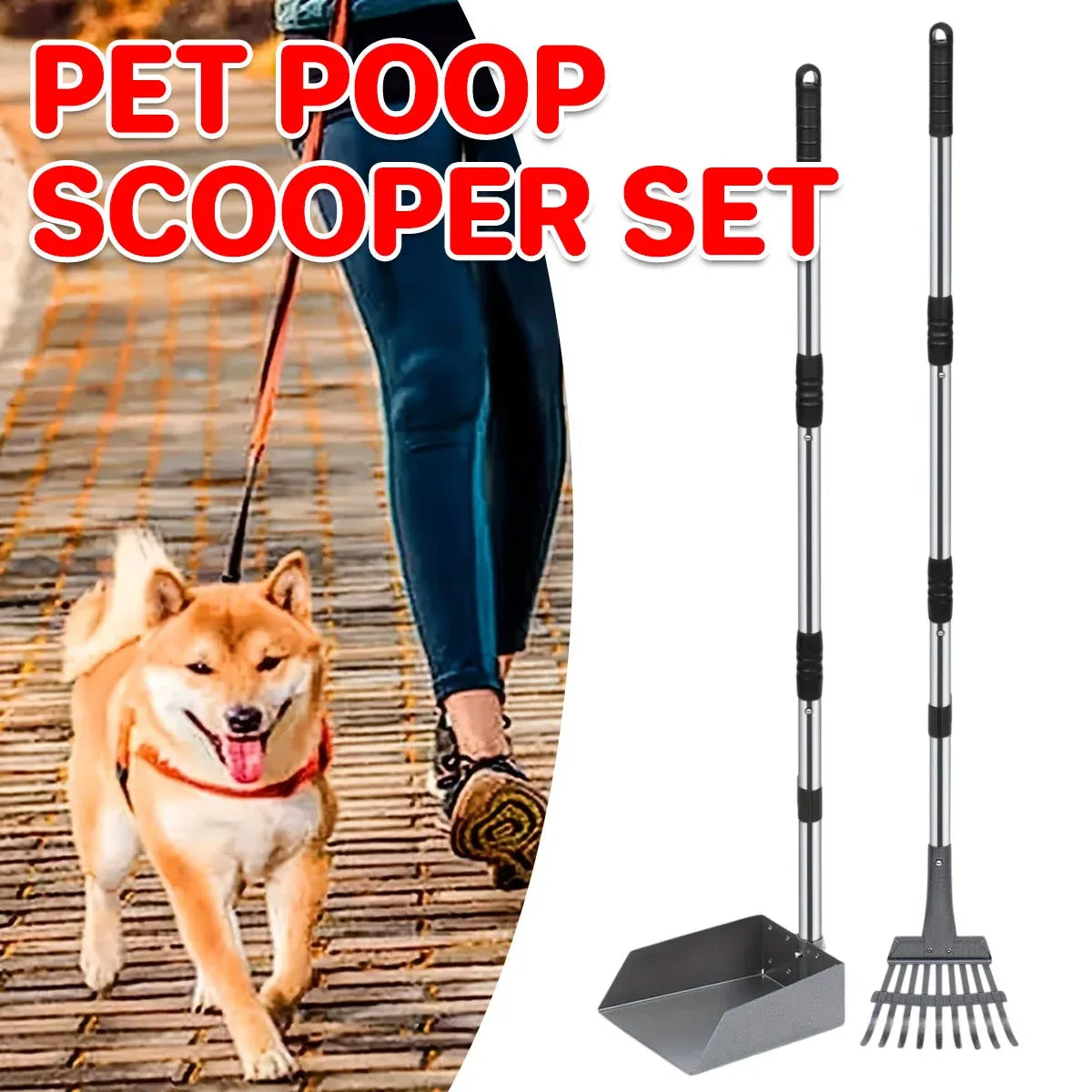 Pet Waste Removal Tool Set Stainless Steel Scooper Rake Shovel Dustpan Outdoors