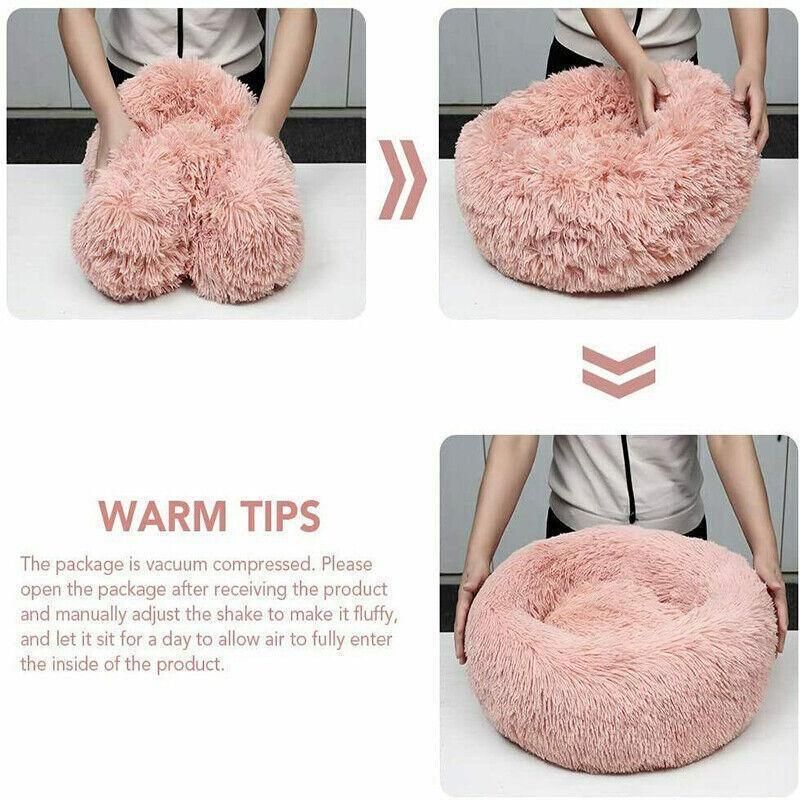 L-70CM Dog Cat Pet Calming Bed Washable ZIPPER Cover Warm Soft Plush Round Sleeping - Grey