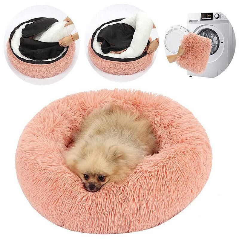 L-70CM Dog Cat Pet Calming Bed Washable ZIPPER Cover Warm Soft Plush Round Sleeping - Grey