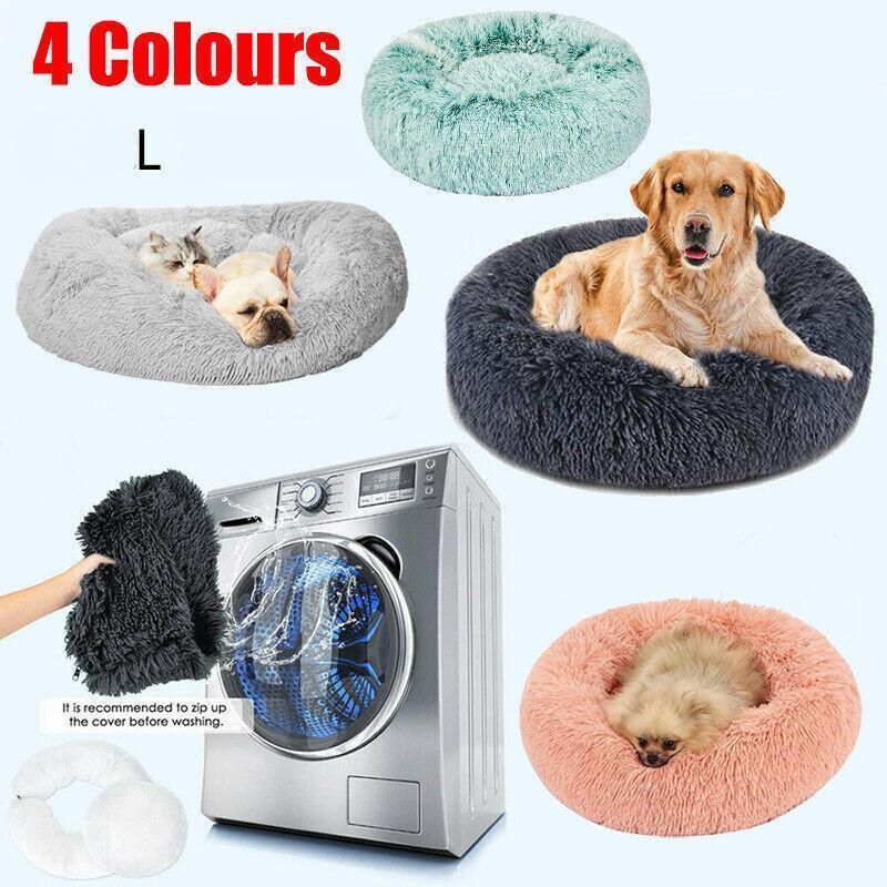 L-70CM Dog Cat Pet Calming Bed Washable ZIPPER Cover Warm Soft Plush Round Sleeping - Light Grey