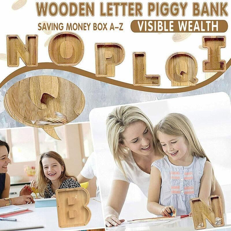 Wooden Piggy Bank Funny Letter or Guitar Coin Saving Money Box A–Z Gift Idea - X