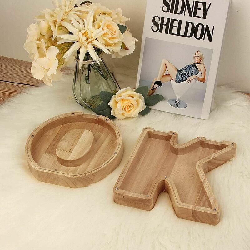 Wooden Piggy Bank Funny Letter or Guitar Coin Saving Money Box A–Z Gift Idea - S