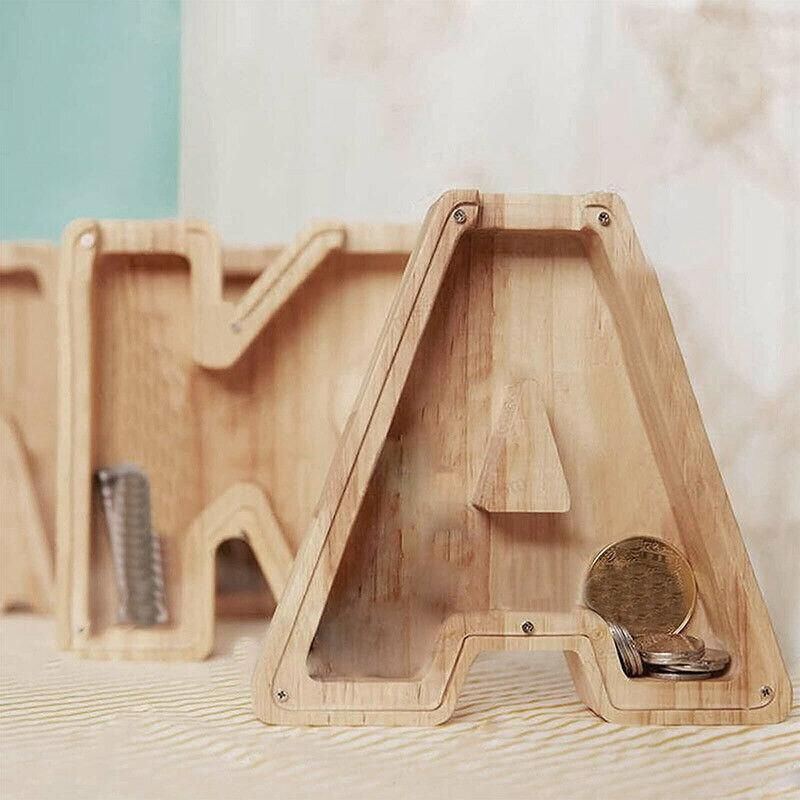 Wooden Piggy Bank Funny Letter or Guitar Coin Saving Money Box A–Z Gift Idea - V
