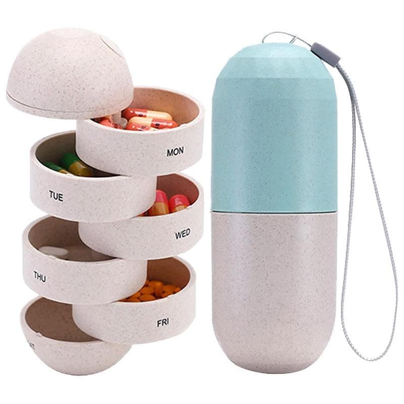 Sealed 7 Compartment Rotating Pill Box Weekly Travel Capsule Organizer Case