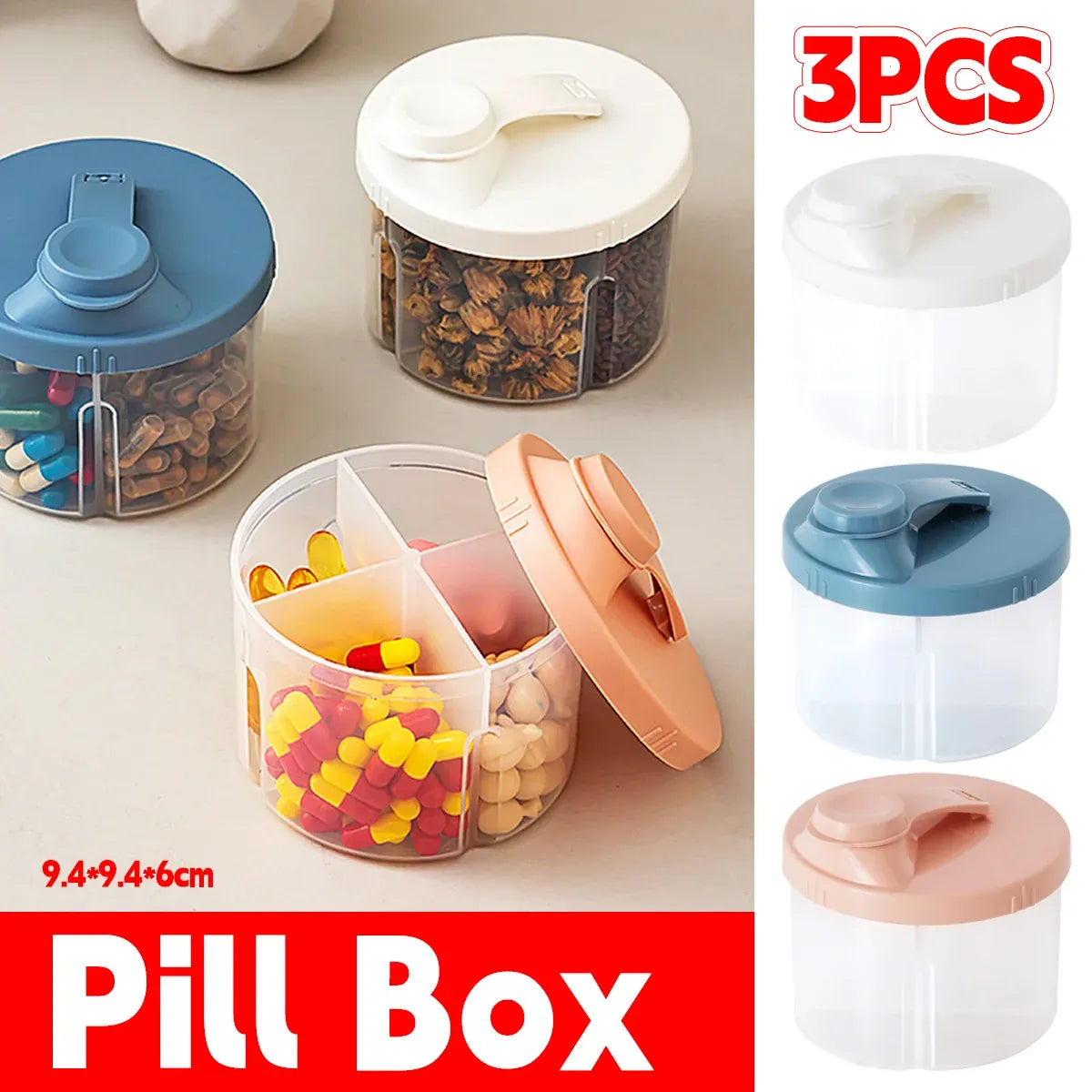 3Pcs Portable Pill Organizer Weekly Medicine Compartment Box Travel Daily Use - White