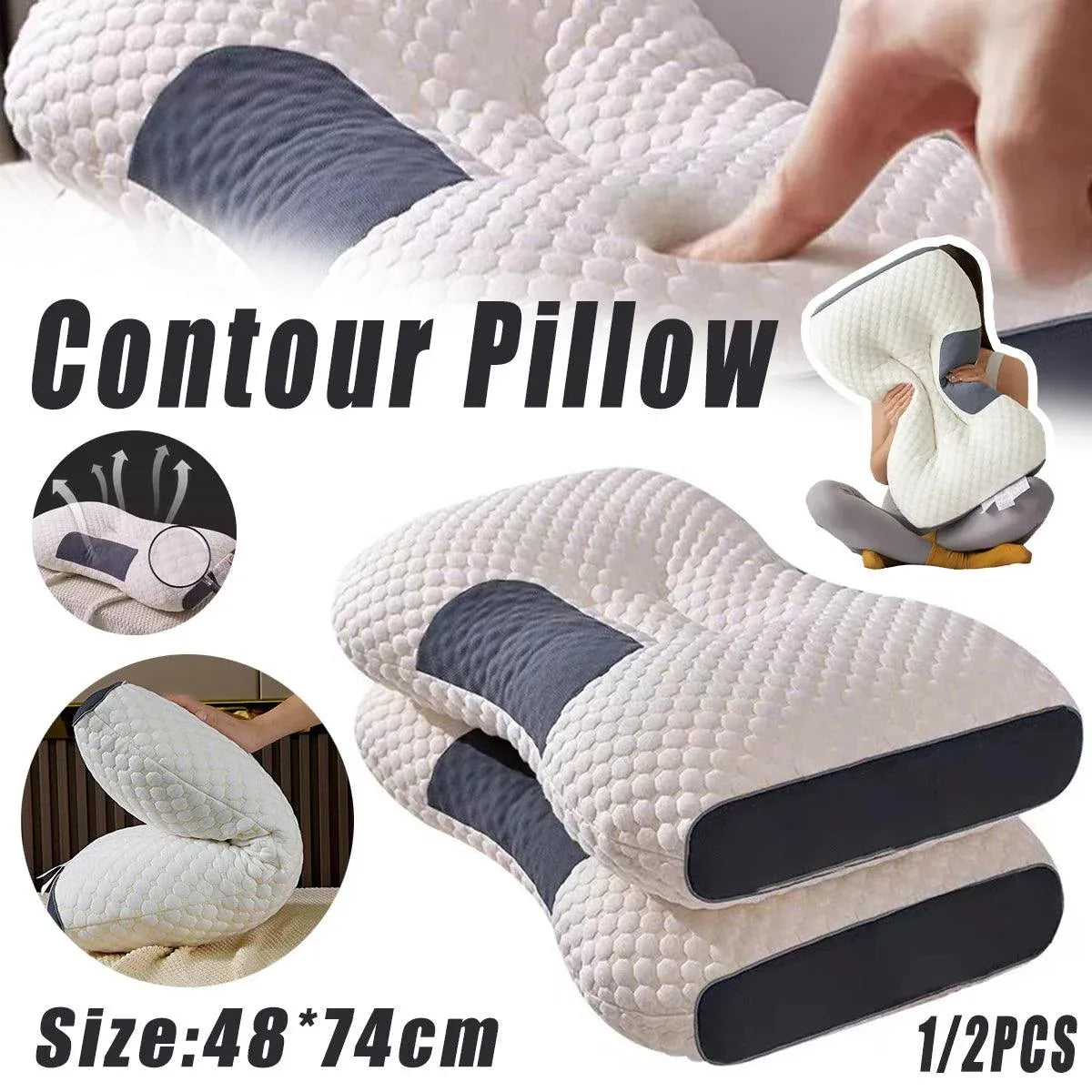 Ergonomic Contour Pillow Knitted Cotton Filling Neck Support for All Sleepers - 1PC