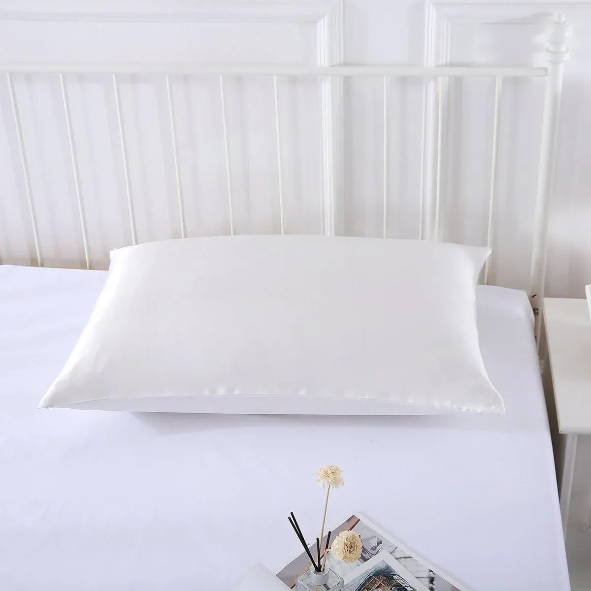 Silk Envelope Pillowcase Soft Satin Protective Cover for Bed Sleep Comfort - White