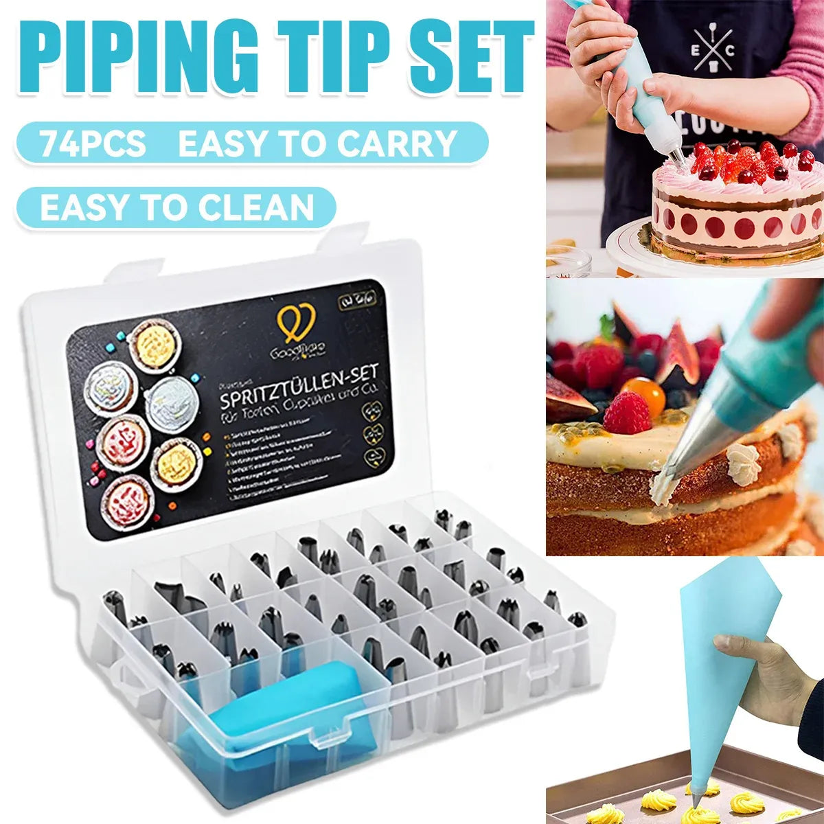 74PCS Piping Nozzle Set Baking Decorating Tools Icing Tips Kit For Cake Cupcake