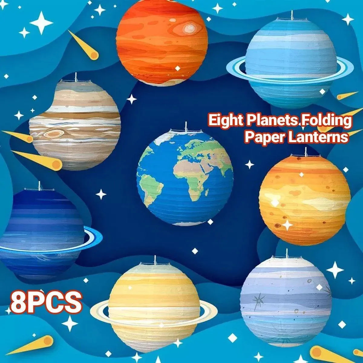 8PCS Foldable Planet Paper Lantern DIY Handmade Round Star Theme Party Decor