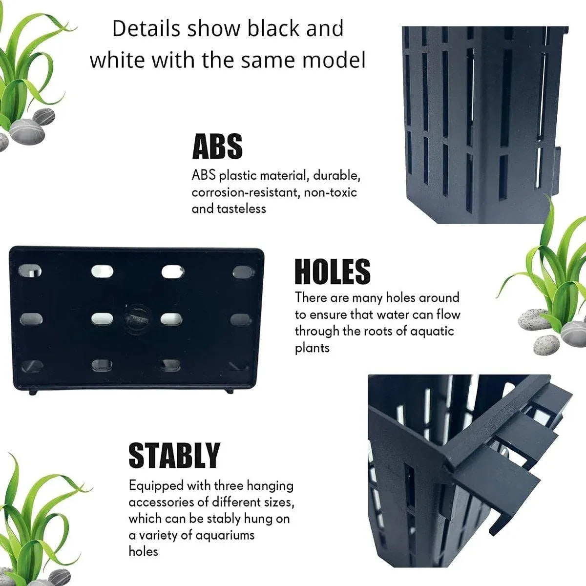 Hydroponic Plant Storage Rack Fish Tank Decoration Square Aquarium Basket Holder - Black