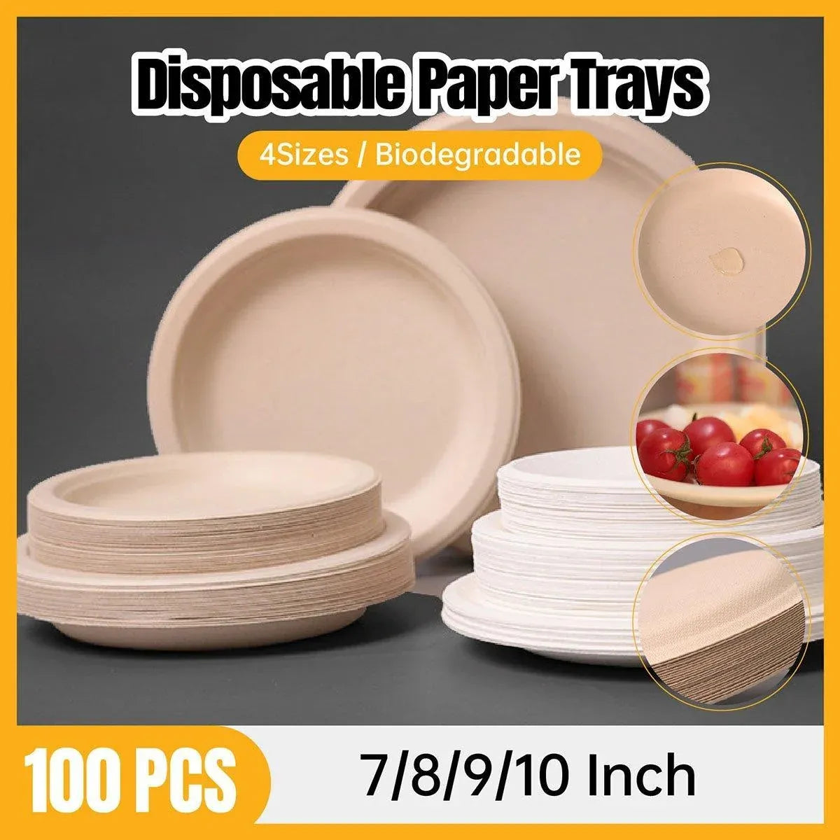 100x Biodegradable Sugarcane Paper Trays - Eco-Friendly & Durable for Food - 9inches-100pcs