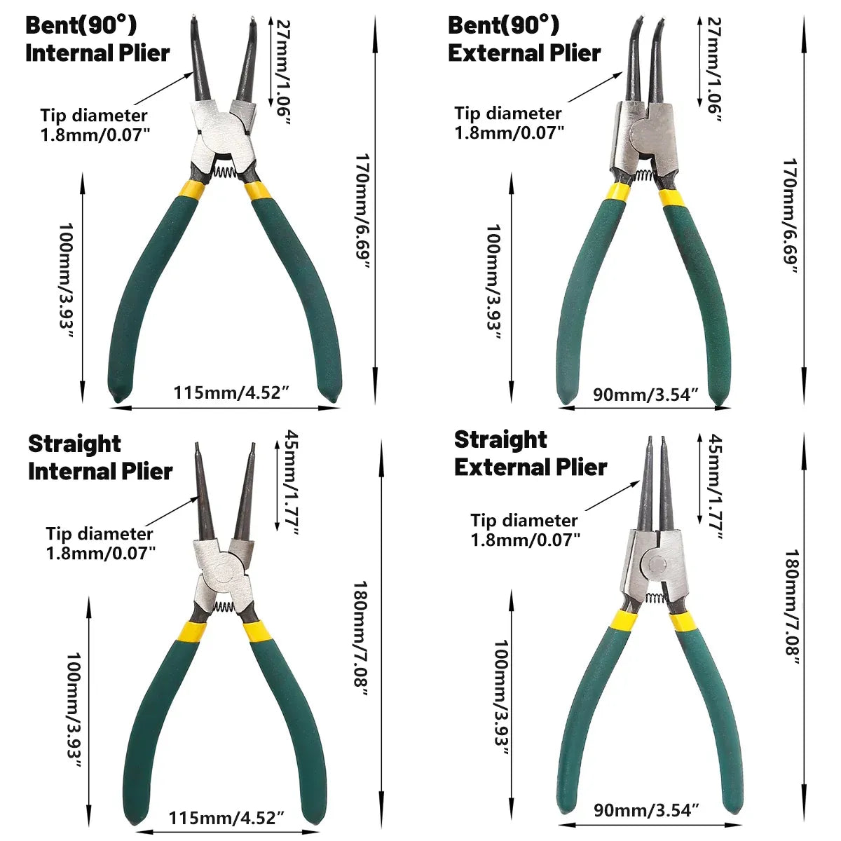 4 Piece Circlip Pliers Set 7 Inch Internal and External Straight and Bent Nose Tools