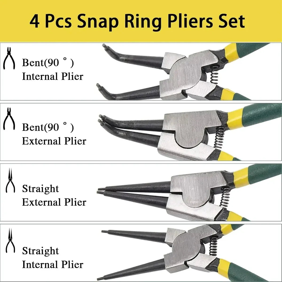 4 Piece Circlip Pliers Set 7 Inch Internal and External Straight and Bent Nose Tools