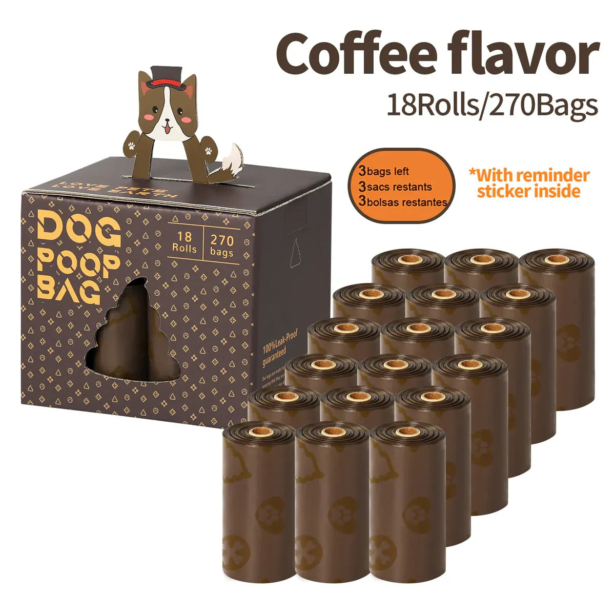 18Rolls / 270Bags Coffee Scented Disposable Pet Waste Bags Poop Bags Leak Proof