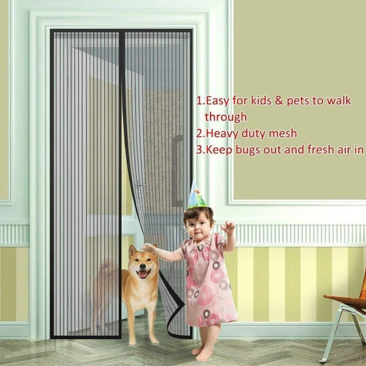 Striped Screen Door Curtain Mesh with Auto Close for Insect Protection and Ventilation - 80*210cm