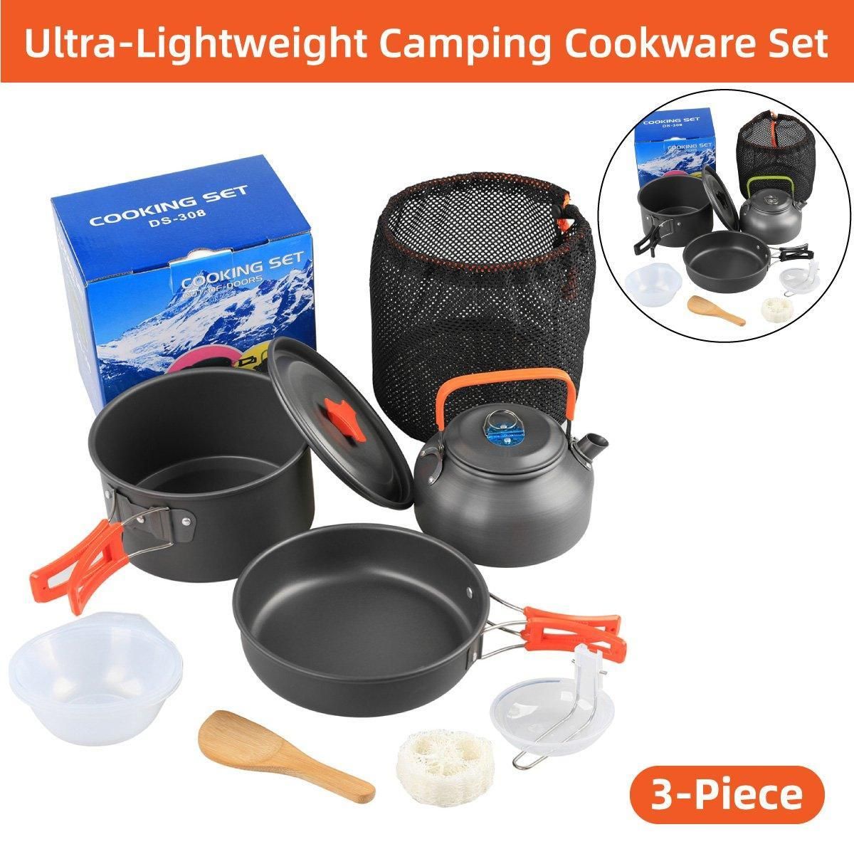 Lightweight Camping Cookware Set Outdoor Cooking Gear 3 Piece Travel Cook Set - Black