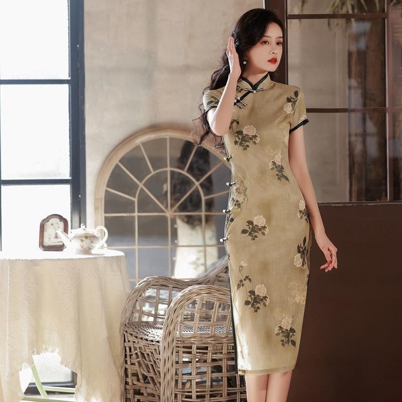 Retro Chinese Style Yellow Jacquard Cheongsam Short Sleeve Improved Young Style - XXL