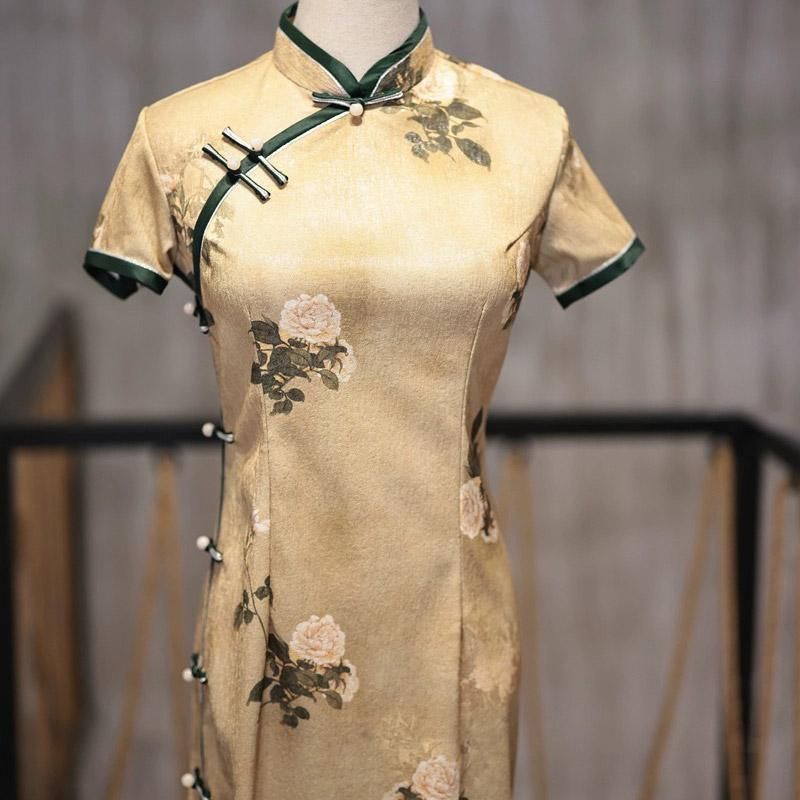 Retro Chinese Style Yellow Jacquard Cheongsam Short Sleeve Improved Young Style - XXL