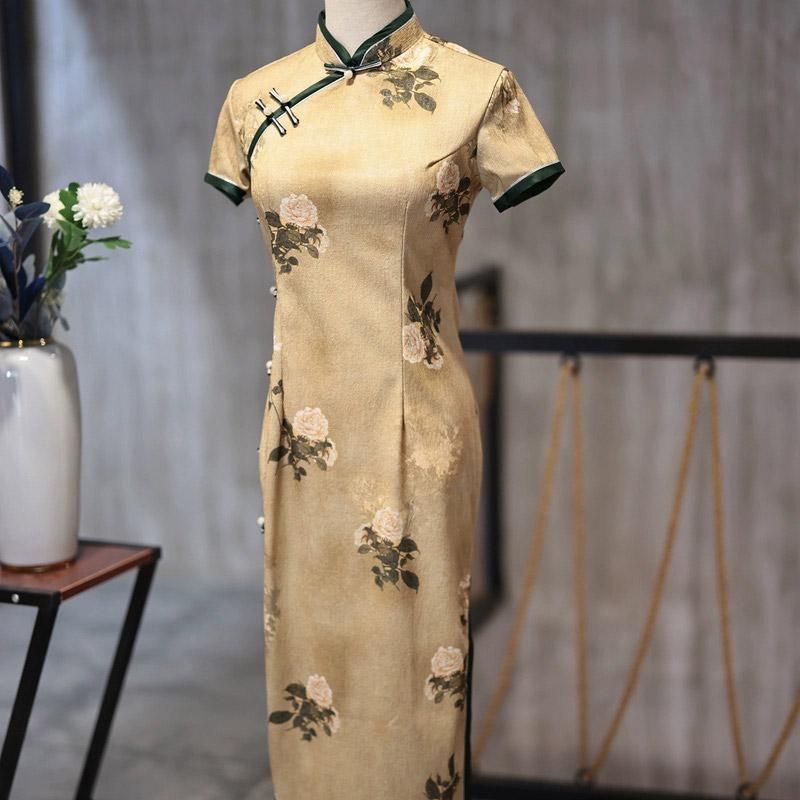 Retro Chinese Style Yellow Jacquard Cheongsam Short Sleeve Improved Young Style - XXL
