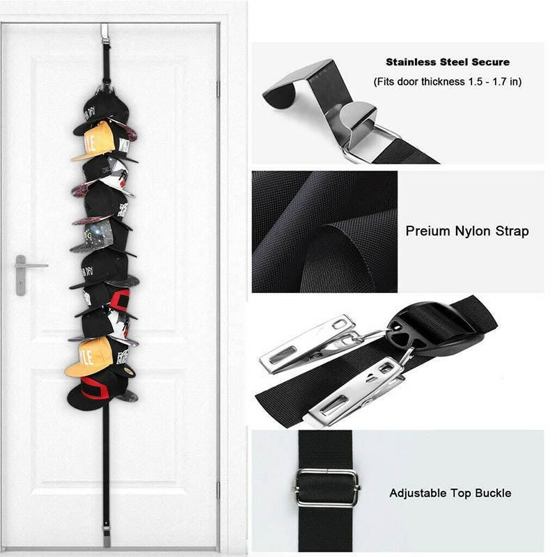 Over Door Hat Rack Baseball Cap Holder Storage Strap with Clips Closet Organizer - 10 Clips