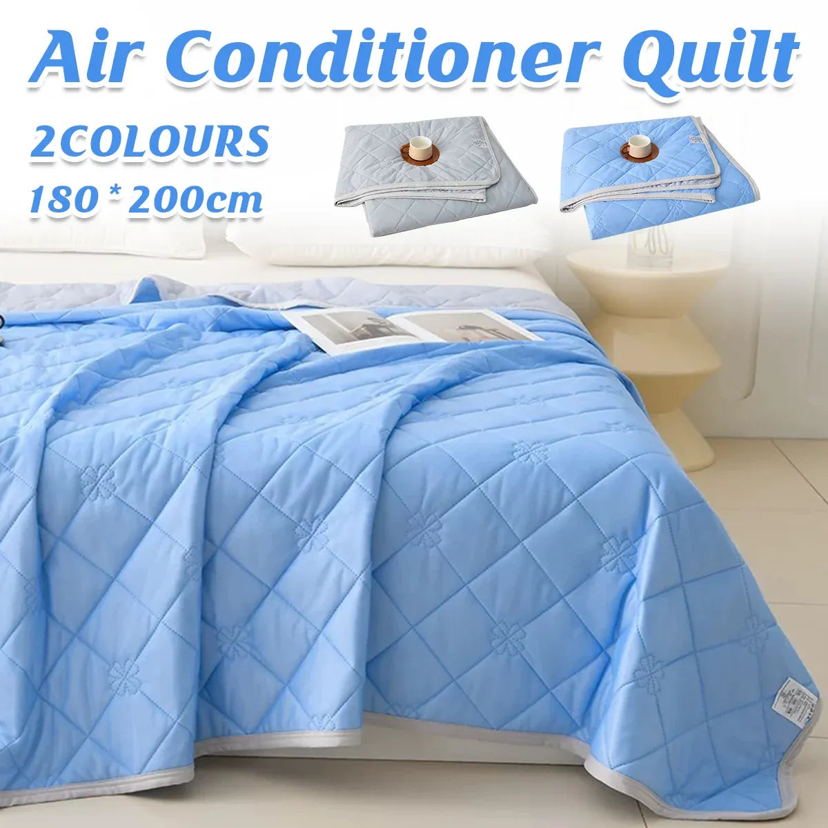 Cooling Summer Quilt 180 x 200cm Ice Silk Solid Colour Lightweight Comforter - Blue