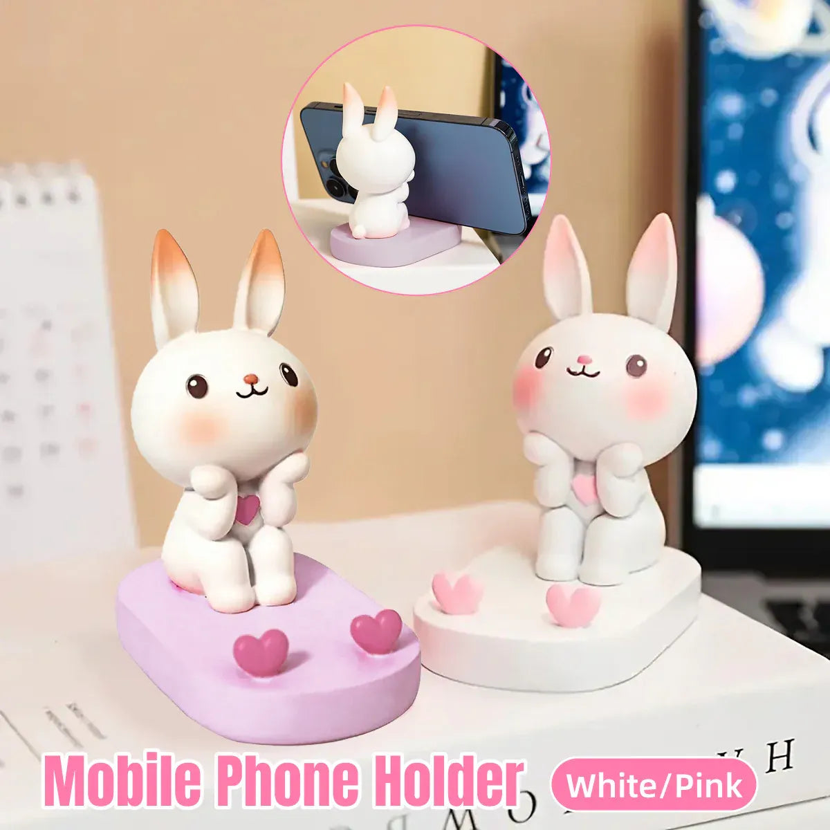Cartoon Rabbit Phone Holder Desktop Stand Cute Mobile Phone Stand for Office - White