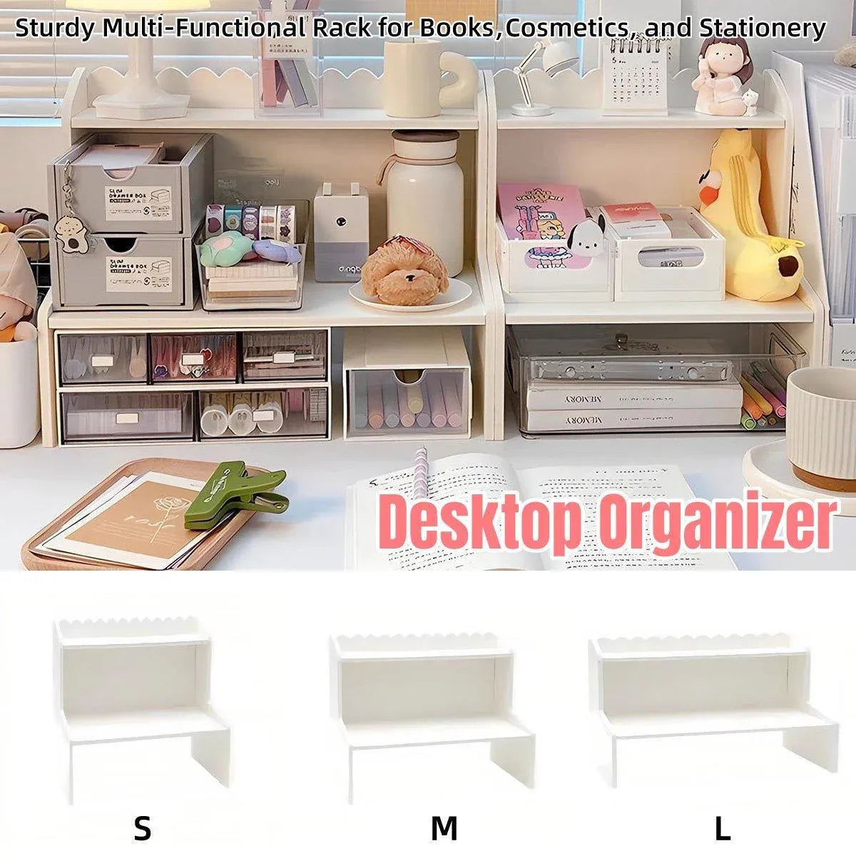 Elevated Double Layer Desktop Storage Rack for Office Dormitory Cosmetics Books - L