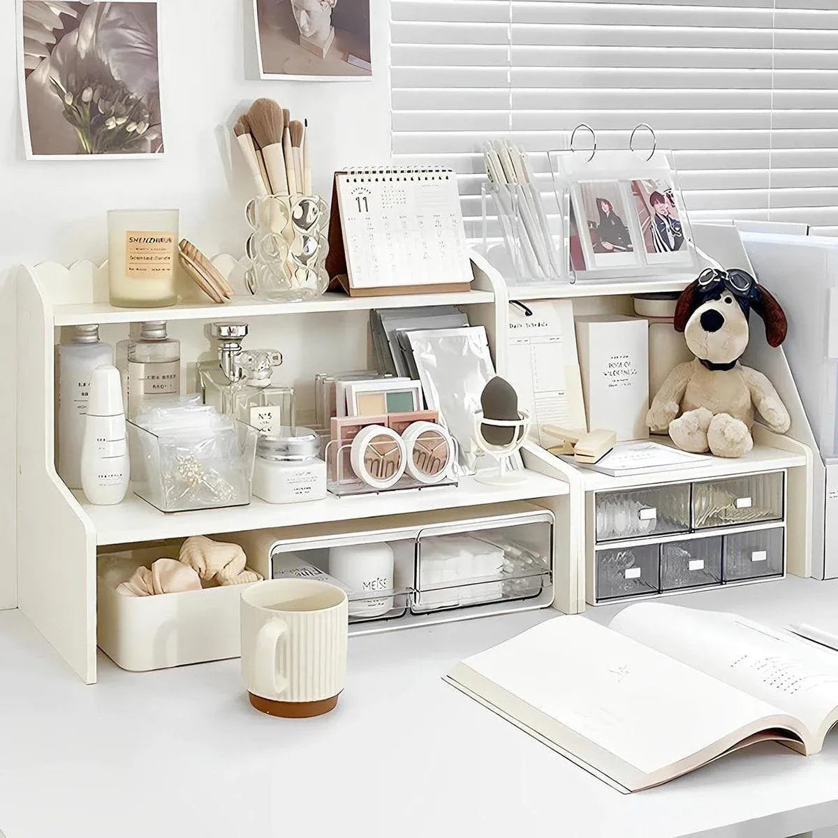 Elevated Double Layer Desktop Storage Rack for Office Dormitory Cosmetics Books - L
