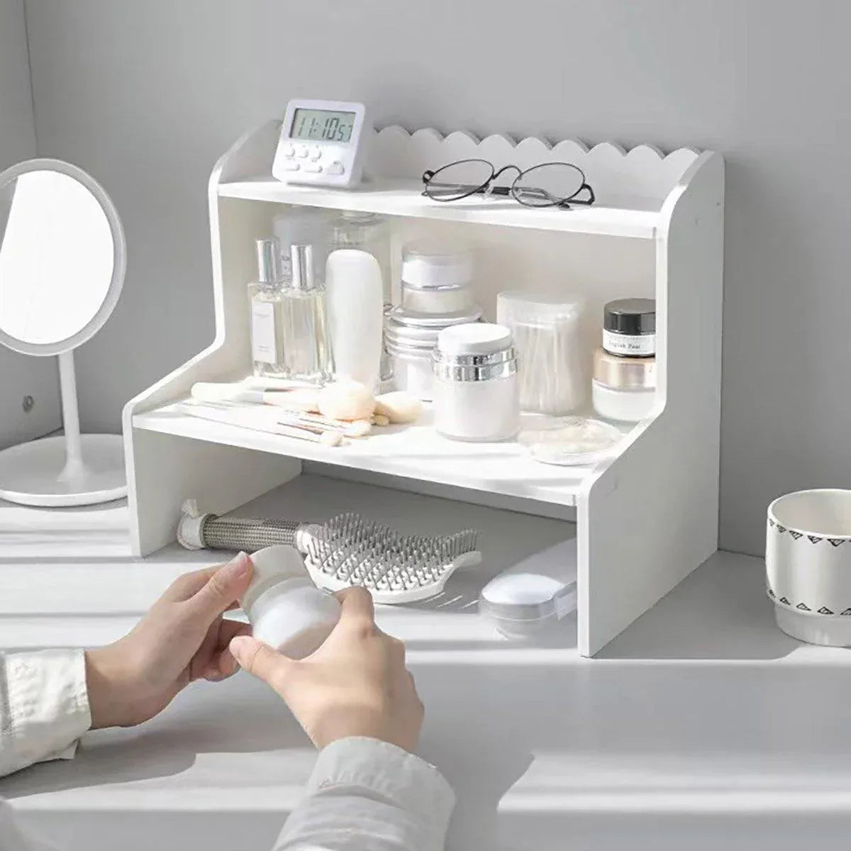 Elevated Double Layer Desktop Storage Rack for Office Dormitory Cosmetics Books - L