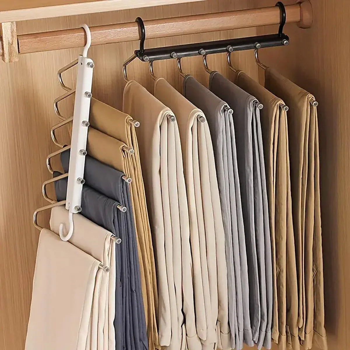 Stainless Steel Multi-Layer Pants Rack Folding Telescopic Anti-Slip Clothes Rack - Black