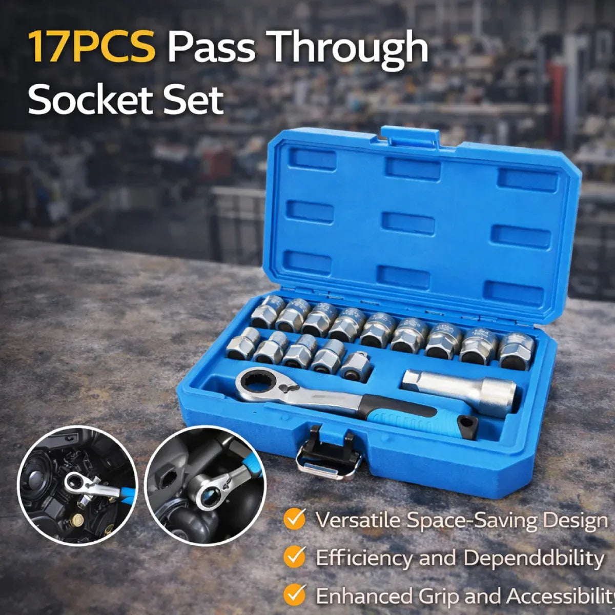 17PCS Pass Through Socket Set 10-24mm Ratchet Wrench Tool Kit CR-V