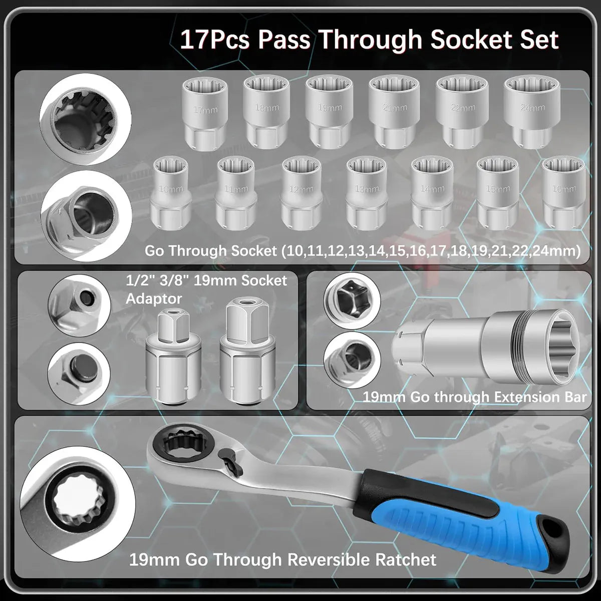 17PCS Pass Through Socket Set 10-24mm Ratchet Wrench Tool Kit CR-V