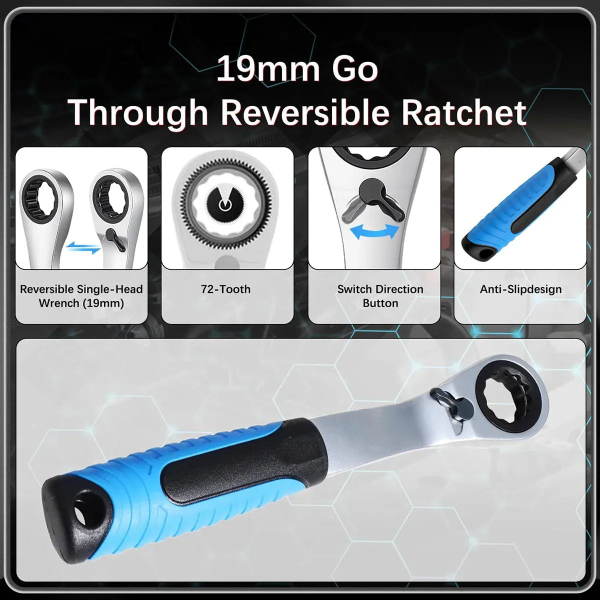 17PCS Pass Through Socket Set 10-24mm Ratchet Wrench Tool Kit CR-V