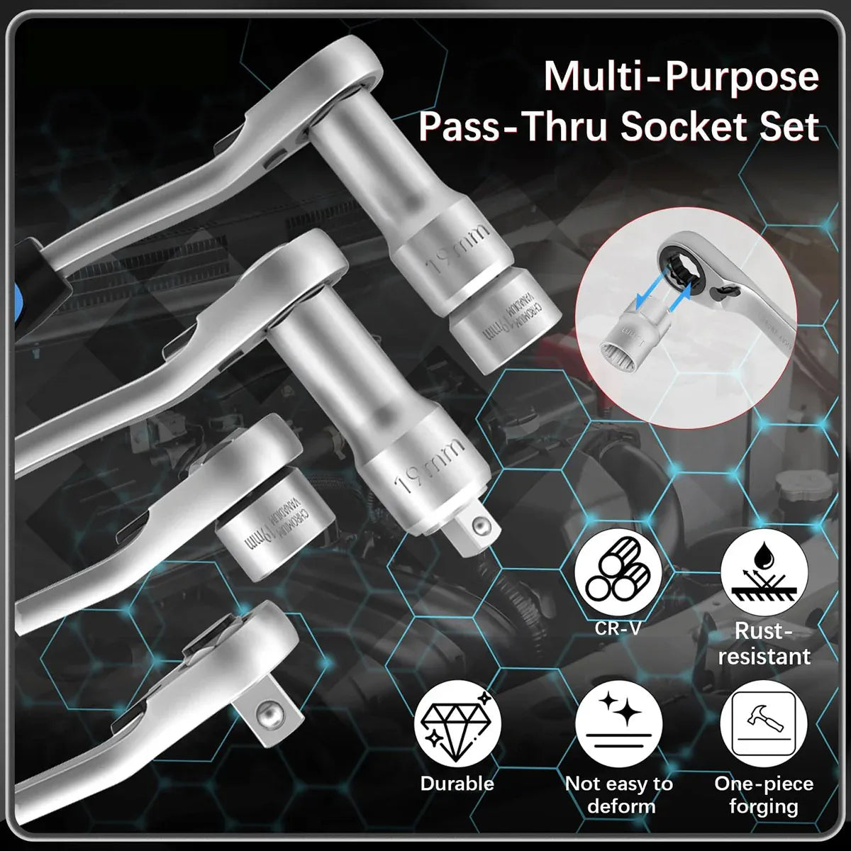 17PCS Pass Through Socket Set 10-24mm Ratchet Wrench Tool Kit CR-V