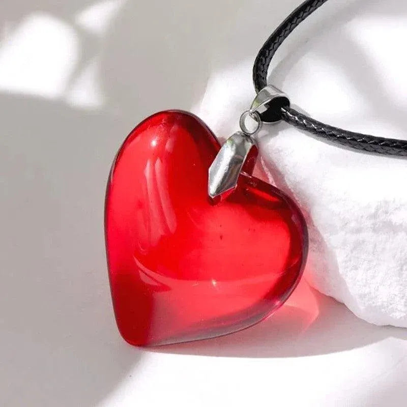 Red Heart Crystal Glass Pendant Necklace for Women 43mm