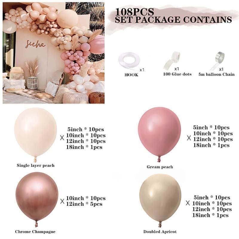 Retro Pink Balloon Arch Kit Set Garland for Birthday Wedding Party Decoration - 108PCS